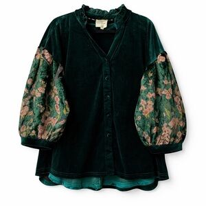 Umgee Floral Velvet Blouse with Puff Sleeves